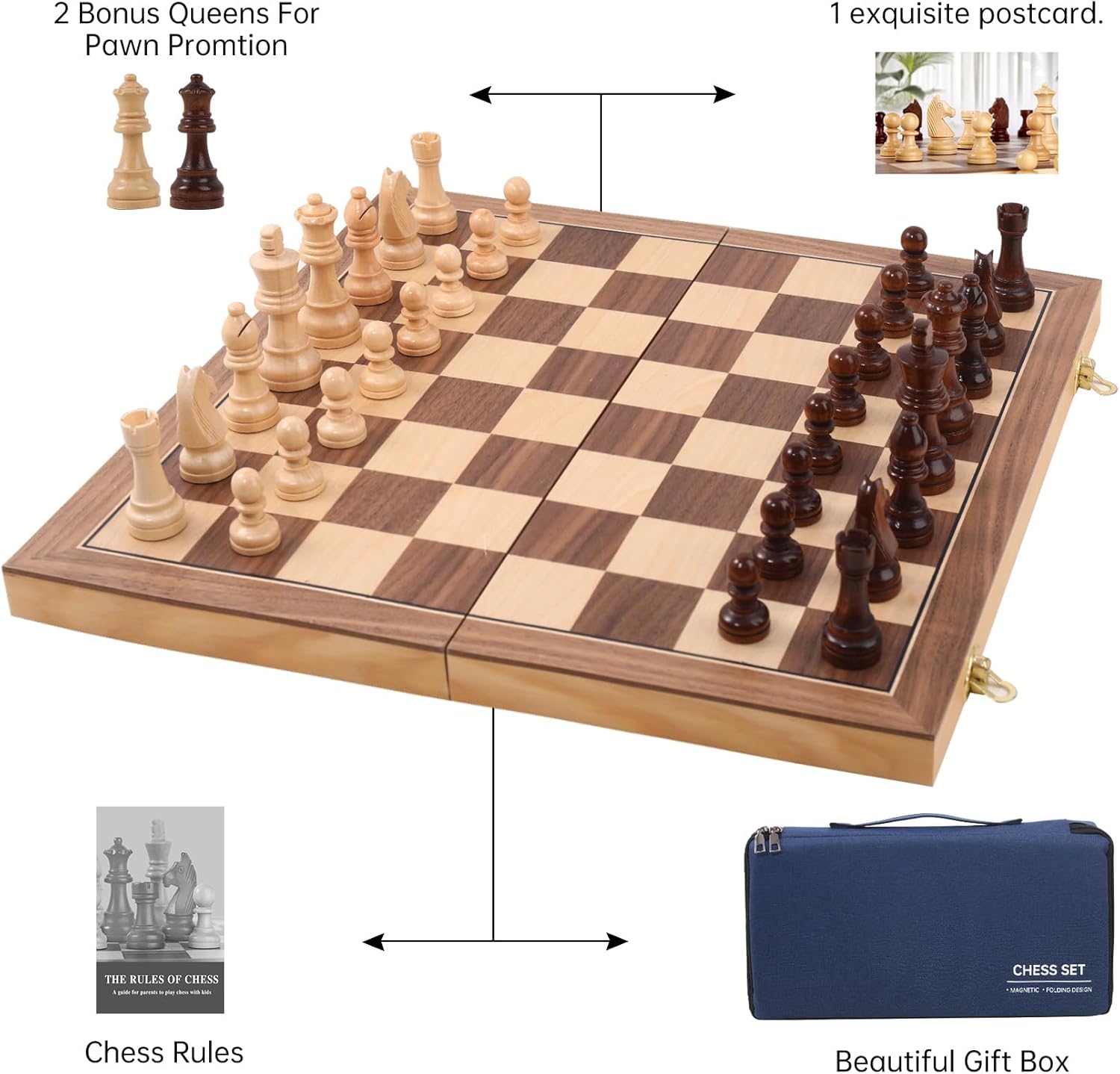 Wooden Chess Set 15 Inch - Classic Handcrafted Game Board for Adults with Extra Queen Pieces and Storage Box - Ideal for Home and Travel -Magnetic (Stanton Piece)