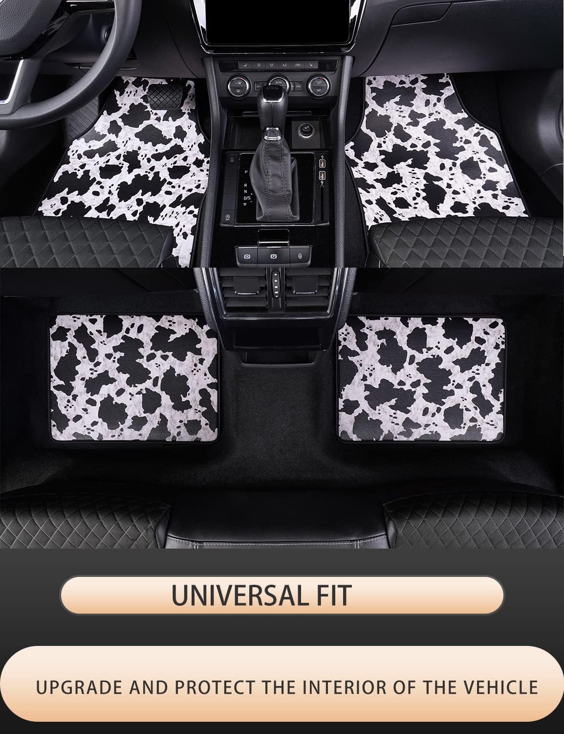 Car Floor Mat, Cow Print, All Weather Protection, Faux Leather, Universal Fit for Cars Truck Van and SUV for Women and Men (4 Piece,White-Black) - Image 2