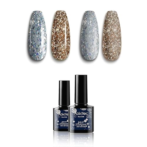 Miniatura 1 de Aokitec Esmalte de uñas de gel  2 unidades de 0.3 fl oz de esmalte de uñas de gel con purpurina dorada y plateada, esmalte de gel francés que se