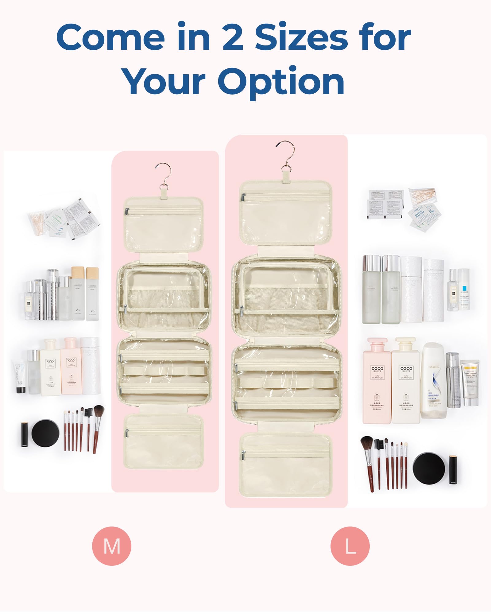 BAGSMART Beauty case da viaggio con organizer per gioielli, borsa da viaggio da appendere per articoli da toeletta, organizer per trucchi gonfi, accessori da viaggio essenziali, Beige, L, Alla moda