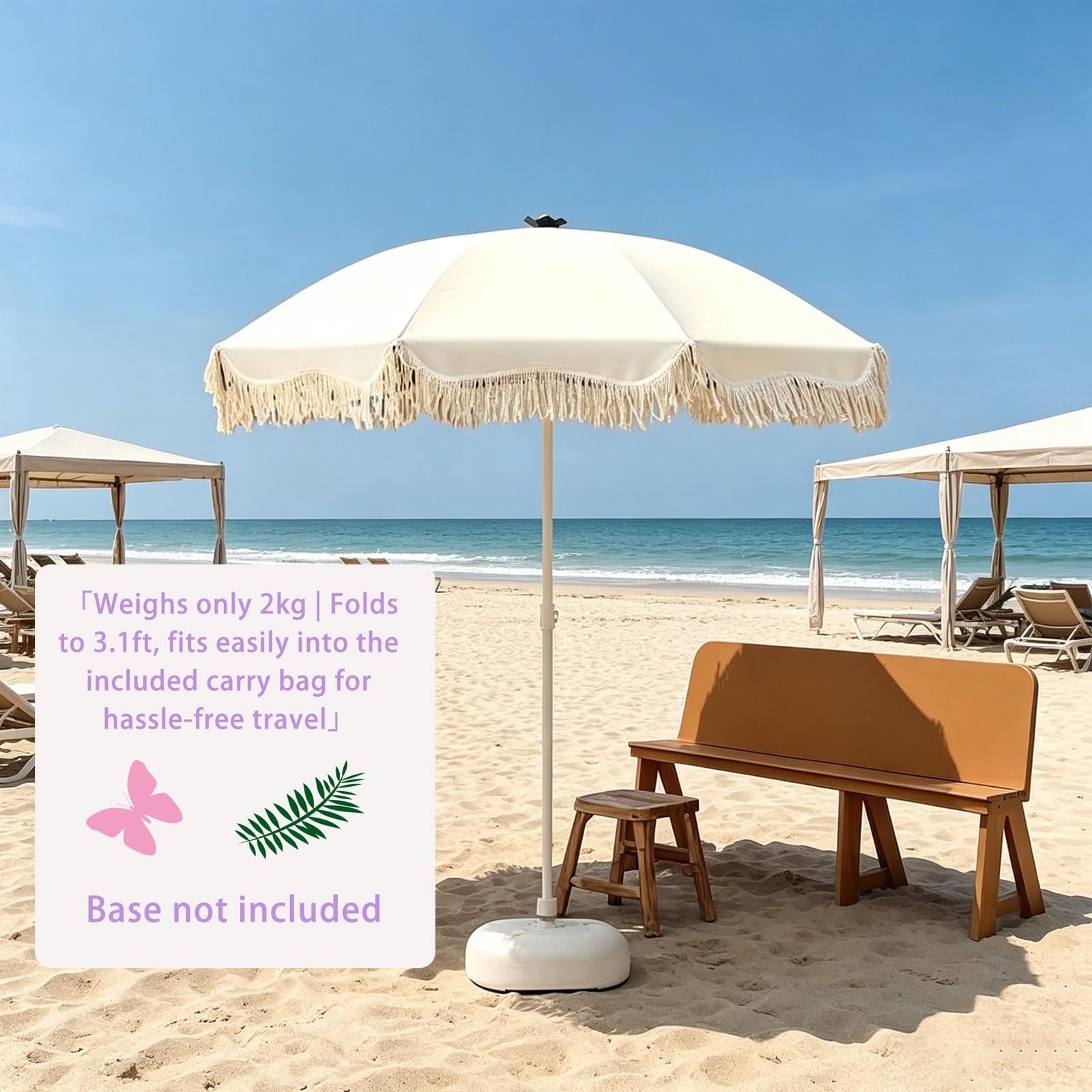 Parasol plażowy 1,5 m z frędzlami, przenośny parasol przeciwsłoneczny na patio, ochrona przed promieniowaniem UV UPF 50+, regulacja wysokości, na podwórko basenowe, lekki parasol zewnętrzny z torbą do