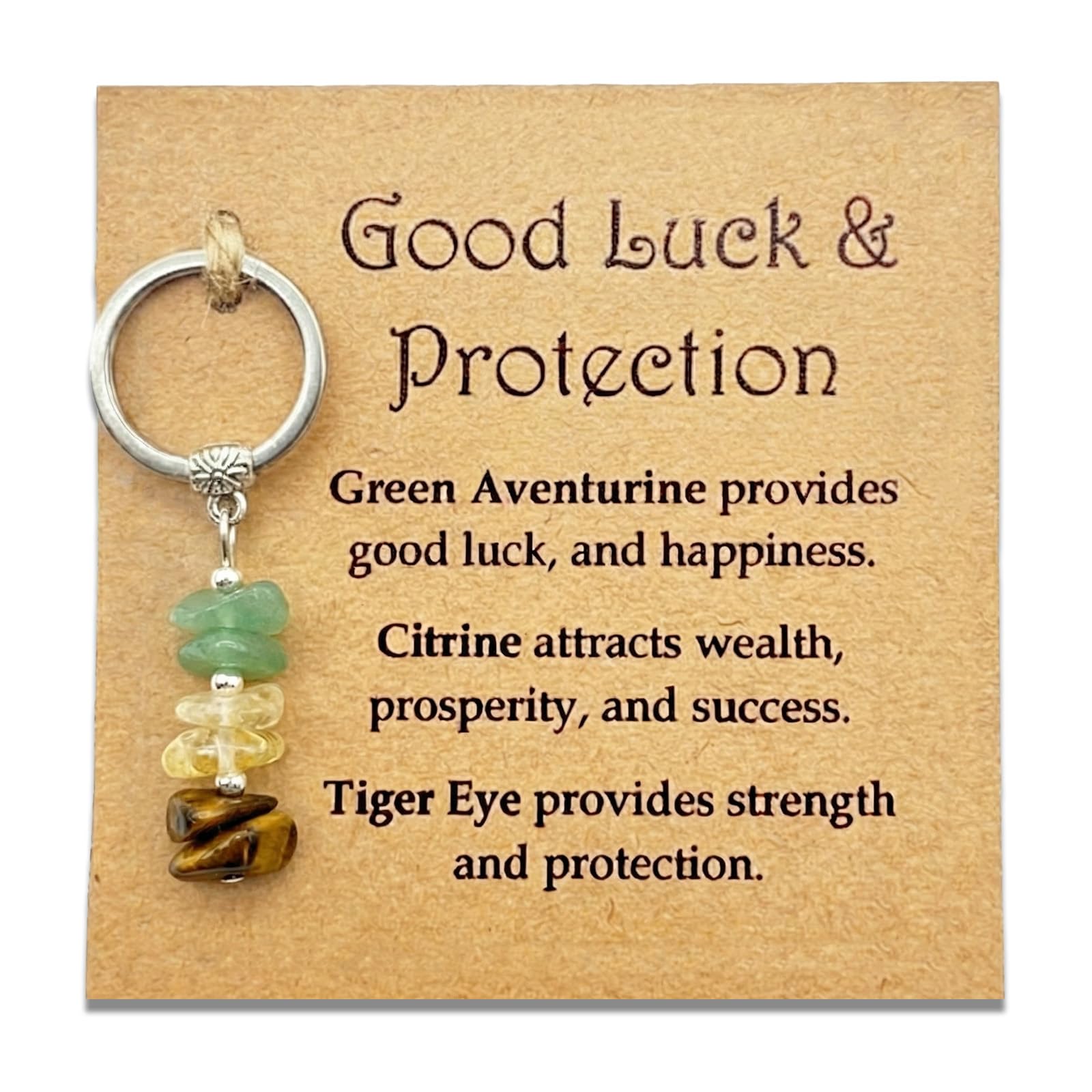 Aikobaa Women's Brown Good Luck & Protection Crystal Set, Crushed Stone Keychain With Green Aventurine Citrine Tiger Eye, Wealth Success Strength Gift For New Job, Meaningful Present For Opportunities With Blessing