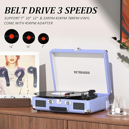 Miniatura 4 de Reproductor de discos de vinilo RetroAudio de 3 velocidades Bluetooth portátil de maleta, tocadiscos de correa, con 2 bocinas estéreo integradas,