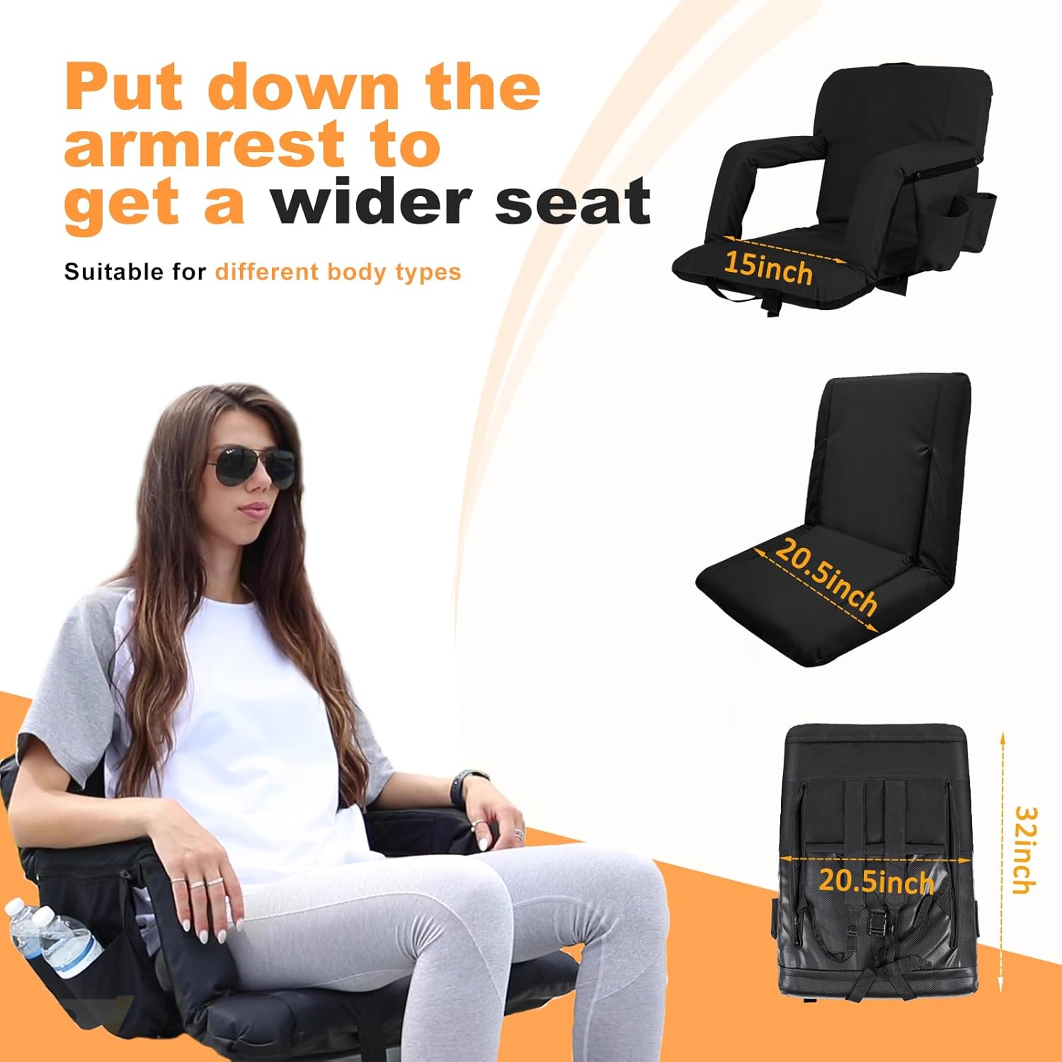 nalone Folding Stadium Seat Set of 2, 20.5 inch Wide Stadium Chairs for Bleachers Stadium Seat Bleacher Chairs Portable with Back Supports Thick Padded Cushion Armrests Reclining(Black)