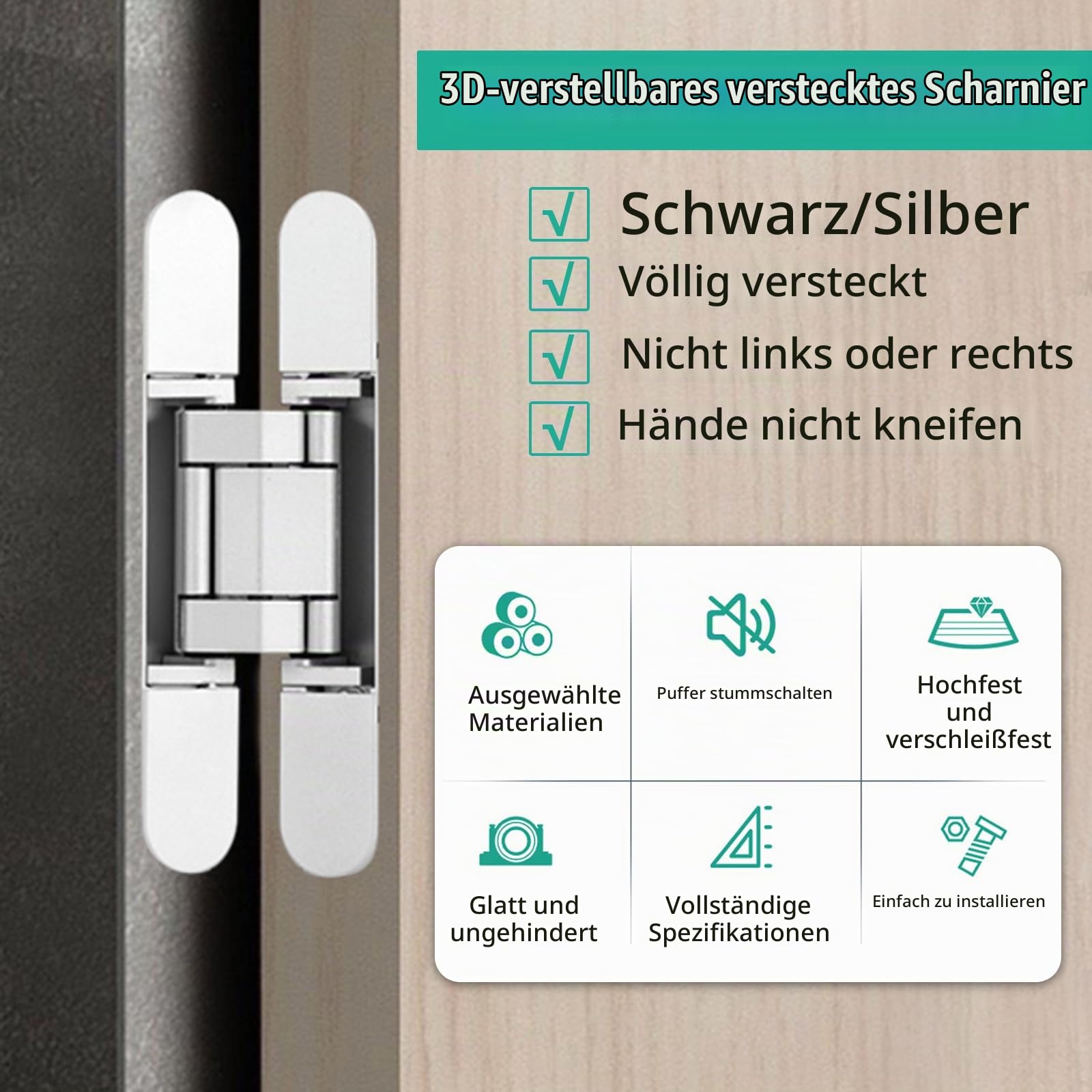 2 Stück Türscharniere für Holztüren, Versteckte Türscharniere, Flügeltür Scharnier Möbelbeschläge,3-Wege-verstellbares Scharnier,180-Grad-Schaukel, Türband verdeckt für Zimmertüren (Silber)