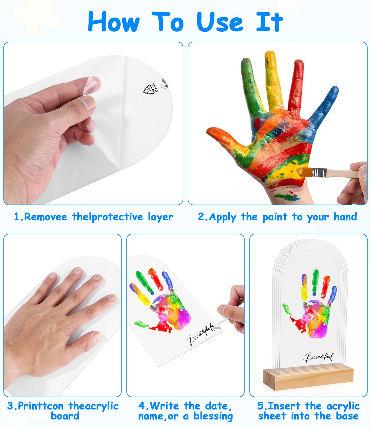 Kit Empreinte Main Famille avec 5 Plaques Plexiglas 6 Couleurs Pigments, Cadeau Bebe Naissance
