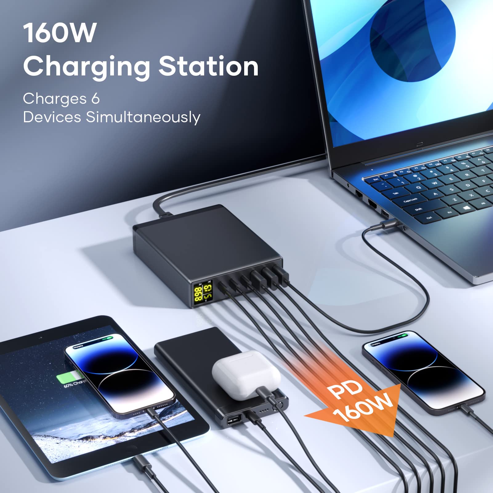 Caricatore USB C, 160W GaN 6-Port Caricabatterie USB C Rapido con Display a LED, Stazione di Ricarica USB Multipla mit 3 USB-C e 3 USB-A PPS PD 3.0 per MacBook Pro Laptop iPhone iPad Samsung