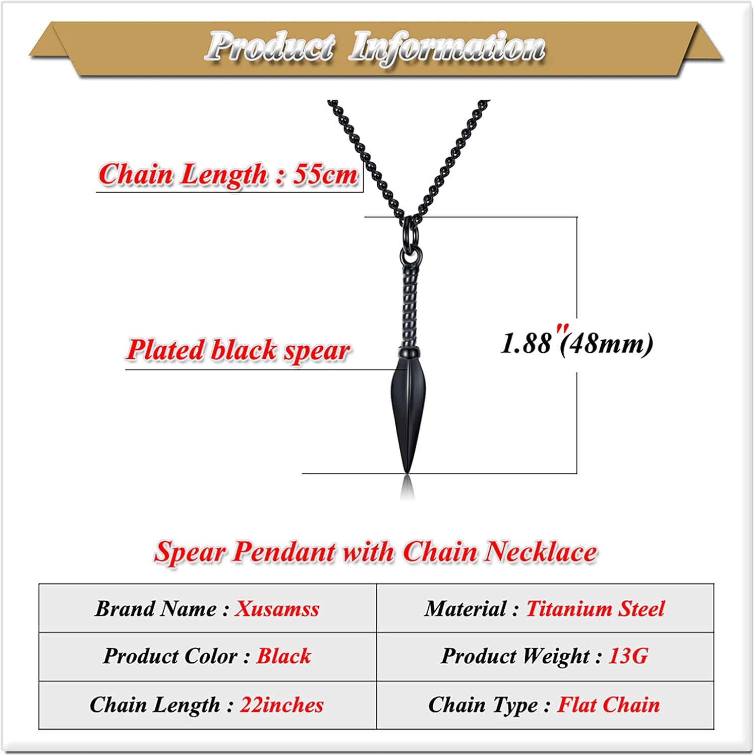Xusamss Fashion Titanium Steel Spear Pendant Necklace,22" Link Chain - Image 2