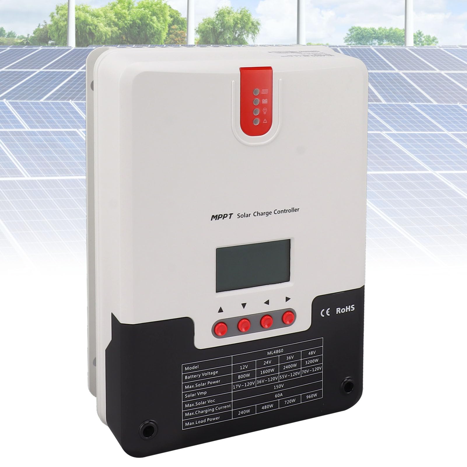 Regulator Panelu Słonecznego, 60A MPPT Słoneczny Sterownik ładowania Słonecznego 12V 24 V 36V 48V Panelu Słonecznego Regulator Akumulatora 4 -stopniowe Wyświetlacz LCD, Kontrolery Energii