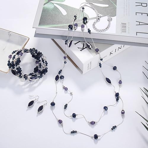 Miniatura 2 de Coiris Collar largo con cuentas de alambre de ilusión de 2 capas con pendientes, collar largo para mujer