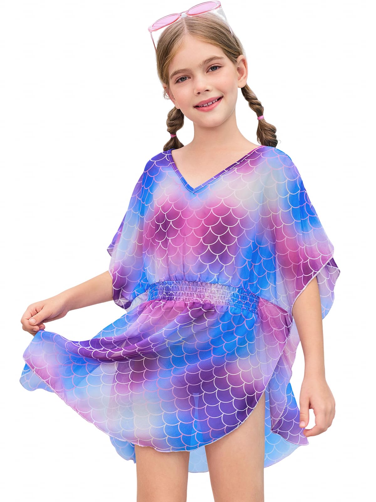 Haloumoning Costume da bagno per bambine in chiffon, con elastico in vita, stampato, 5-14 anni