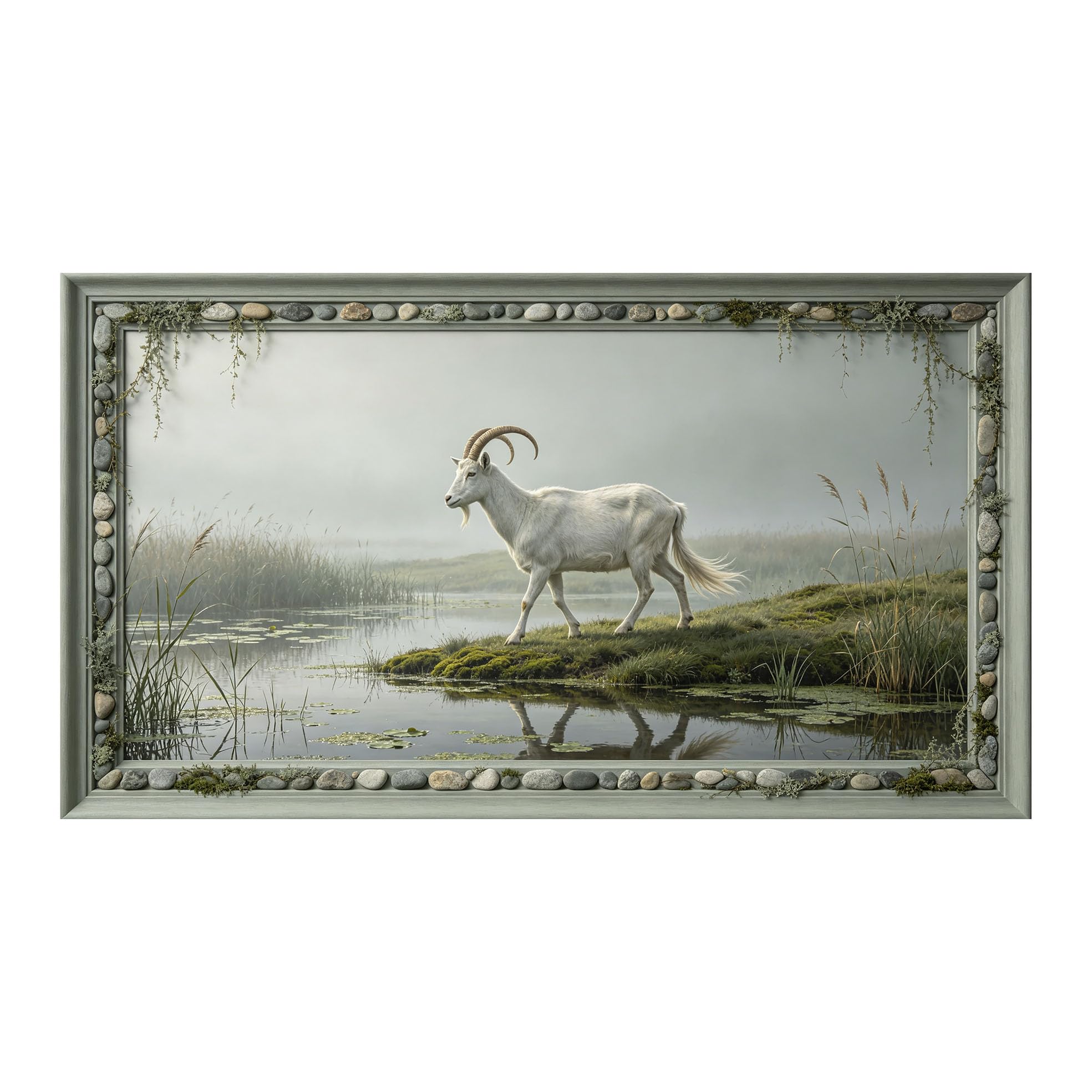 Murasolite 3D 3D Framed Wall Art 50cm×90cm Misty Lake Landscape Wildlife Goat Oil Painting SelfAdhesive Fabric Mural Wall Decor, Peel and Stick No Damage to Wall for Bedroom Living Room