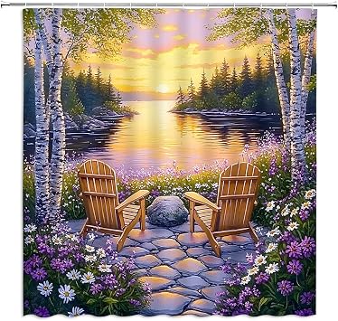 Purple Floral Forest Shower Curtain Spring Rustic Sunset Lake Daisy Birch Wooden Chair Relax Holiday Country Farmhouse Nature Landscape Bathroom Decor Polyester Fabric Curtain with Hooks 70"Wx70"L
