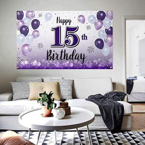 Miniatura 4 de LASKYER Cartel grande morado de feliz cumpleaños 15  Saludos a los quince años de edad, telón de fondo fotoprop de pared para el hogar, decoración