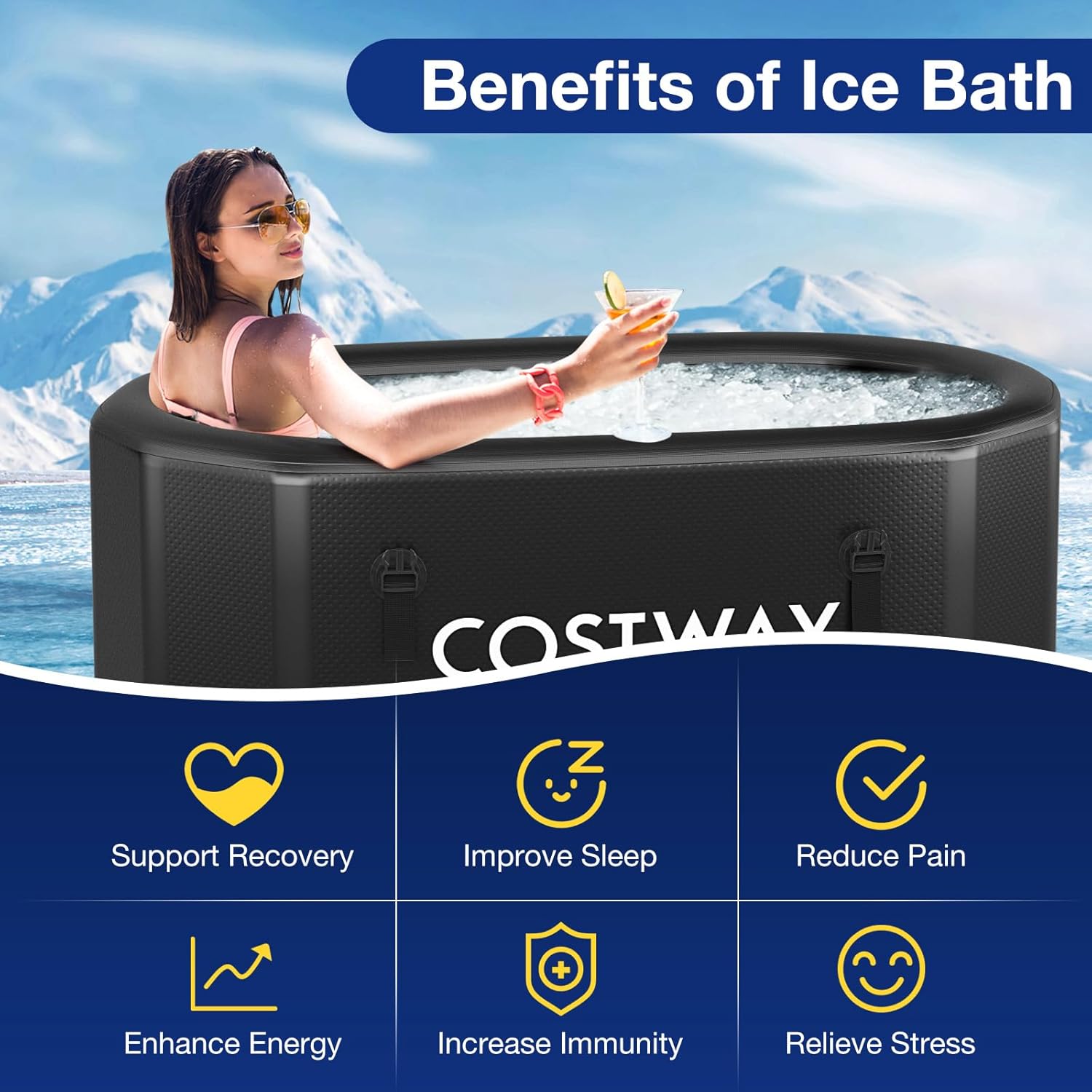 COSTWAY XL 129 Gal Oval Ice Bath Tub with Cover, Portable Outdoor Inflatable Cold Plunge Tub with Backpack, Pump, for Cold and Therapy, Compatible with Water Chillers, Black