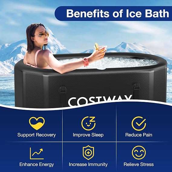 COSTWAY XL 129 Gal Oval Ice Bath Tub with Cover, Portable Outdoor Inflatable Cold Plunge Tub with Backpack, Pump, for Cold and Therapy, Compatible with Water Chillers, Black