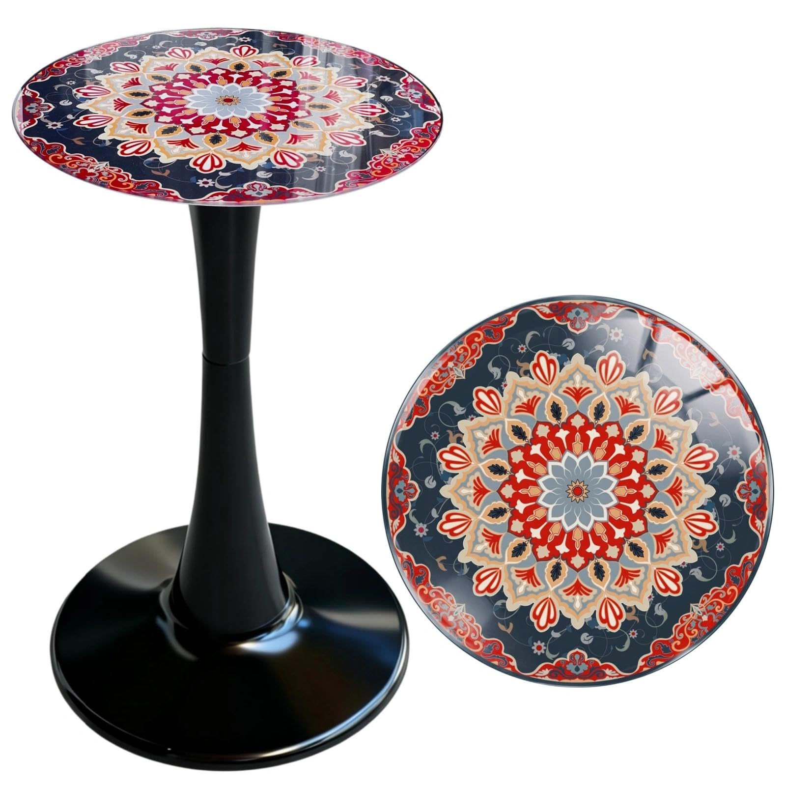 Simmer Stone Boho Printed Tempered Glass Top 13.4" Round Outdoor Side Table,Deck,Waterproof & Rust-Proof Metal Base, Small Patio Bistro Table Plant Stand Balcony, Garden (Chre Color)