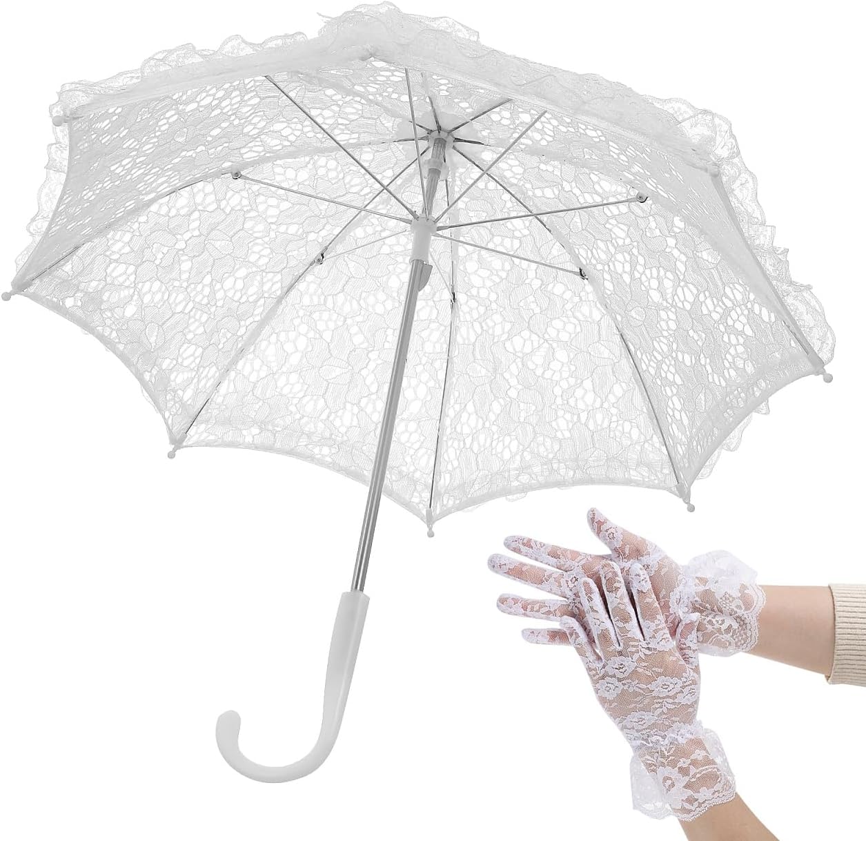 Kids Lace Umbrella and Gloves Set Small Vintage Embroidery Parasol for Wedding Photography Prop Costume Accessories