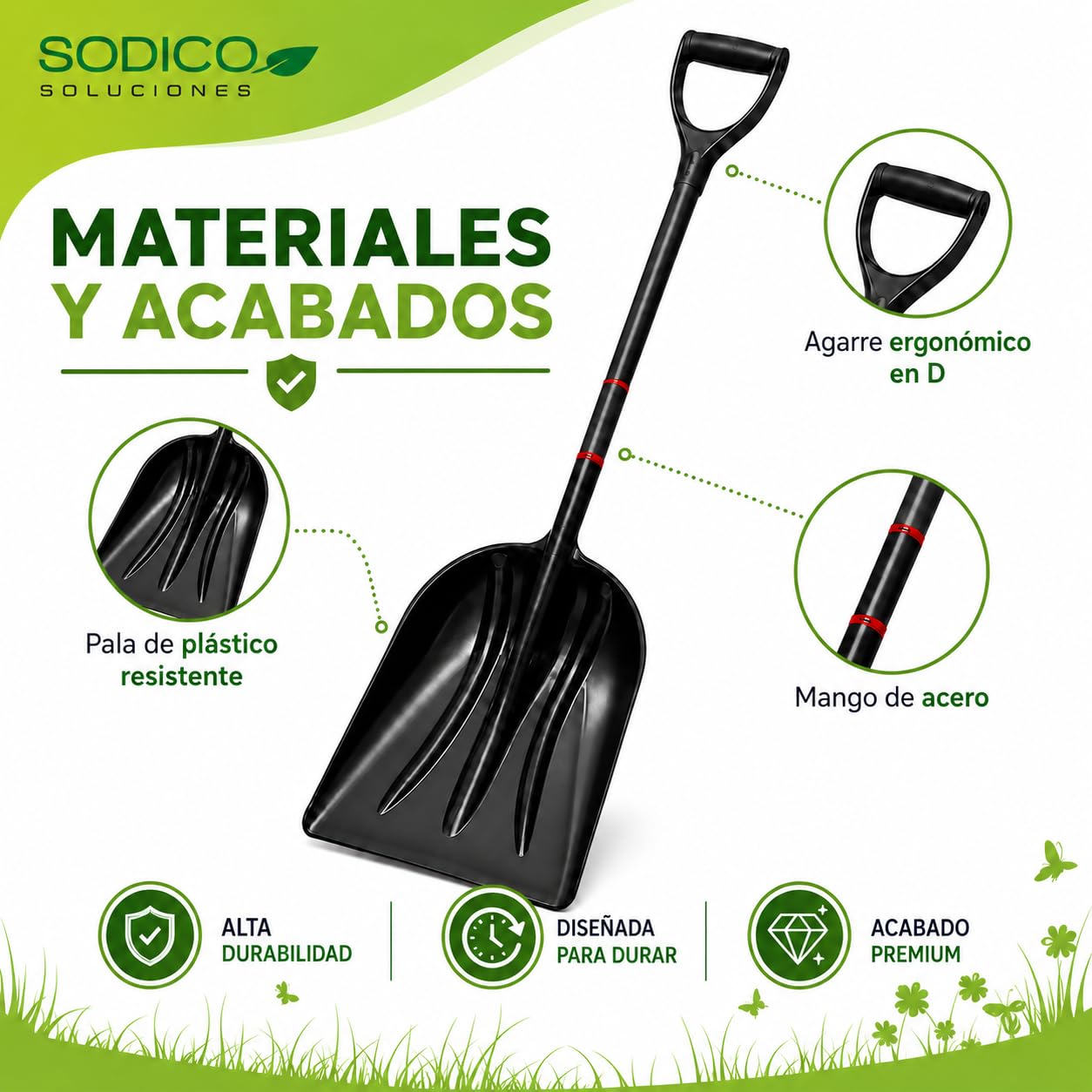Pala de Plástico Grande para Jardín 120 cm - Cabezal 34 x 47 cm - Mango de Acero Forrado en PVC y Agarre en D, Pala Multiusos para Hojas, Tierra, Terraza y Nieve - Color Negro (Acero aleado)