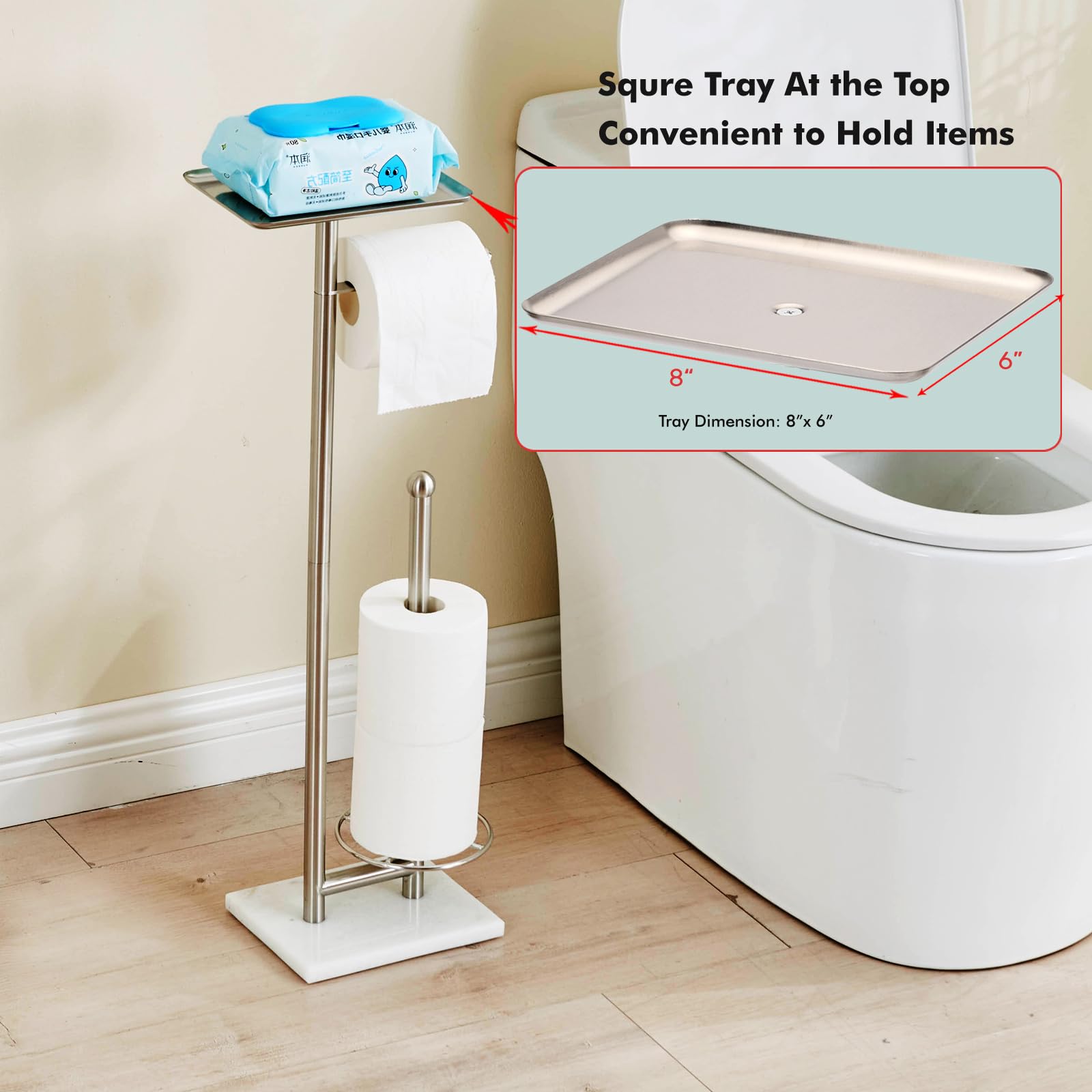 Toilet Paper Holder with Tray at The Top, Sturdy Marble Base No Wobby, Holding Extra 3 Toilet Paper Rolls As Spare Use, Freestanding No Drilling (Brushed Nickel) — Amazon image 2