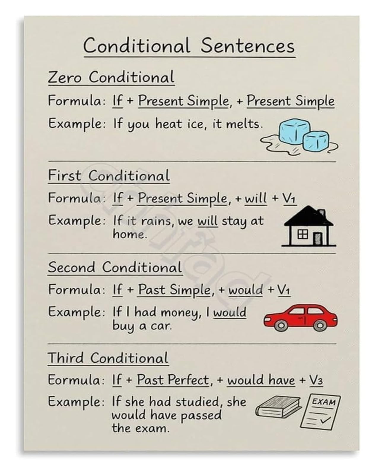 KCDFDVJFBM Conditional Sentences in English If Clauses Grammar Poster Wall-Art for ESL Classroom or Homeschool(Framed,16x24inch(40x60cm))
