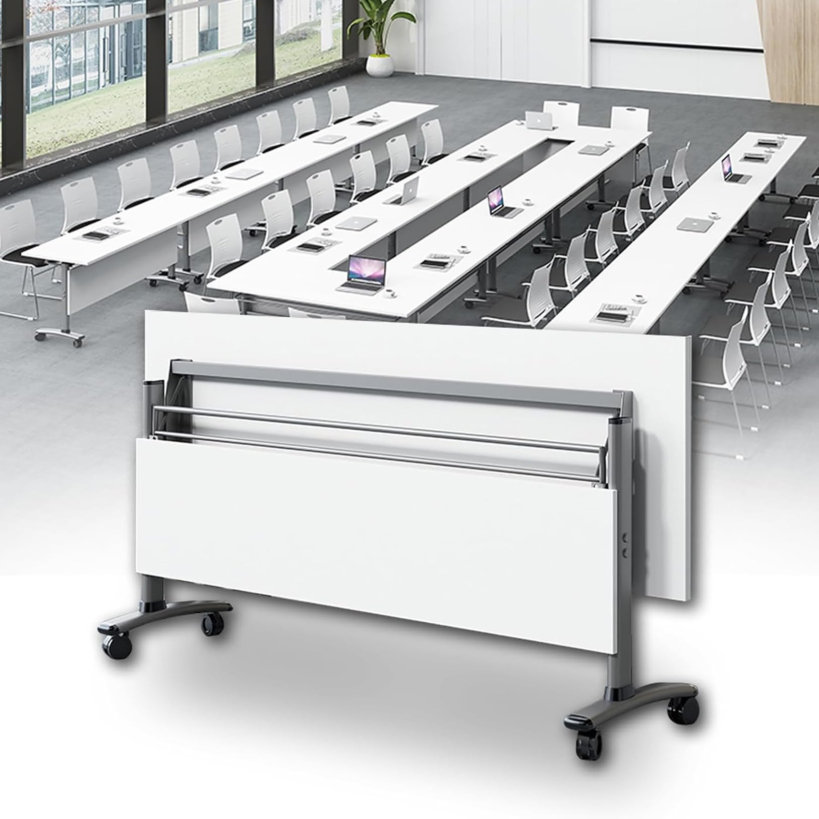 HTDRE Mobile Folding Conference Table with Lockable Wheels Flip-Top Design Space-Saving Metal Frame Perfect for Office Meetings Training Seminars and Events