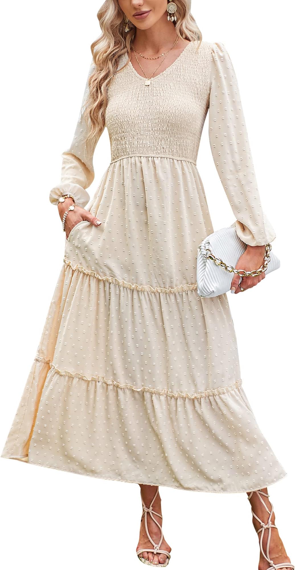 Womens V Neck Maxi Dress with Pockets Swiss Dot Smocked High Waist Long Sleeve Casual Tiered A-Line Dresses