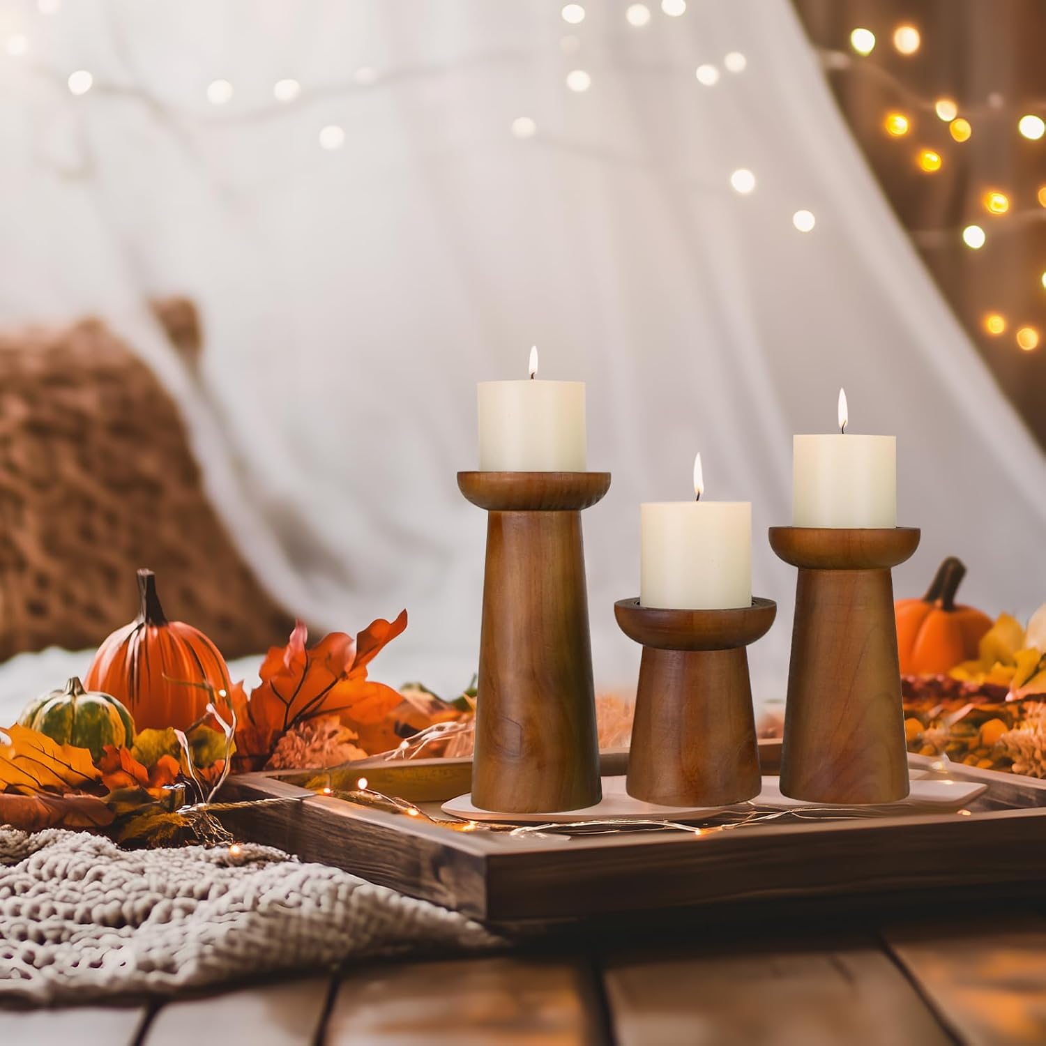 Pillar Candle Holders Set of 3， Wooden Candle Holders， Decorative Wood Candlestick Holders for Living Room, Table Centerpiece for Wedding, Christmas, Party, Home - 4", 6", 8" - Image 7