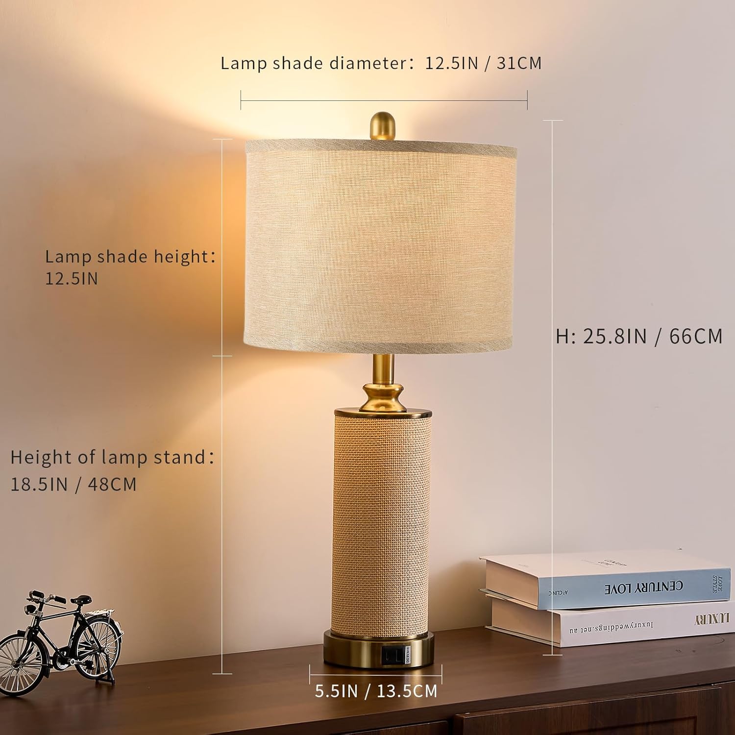 25.5"Boho Weaving Gold Large Table Lamps Set of 2, Touch Control 3-Way Dimmable Farmhouse Bedside Lamps with USB A+C Charging Ports for Living Room/Bedroom/Office-with (2 LED Bulbs Included)