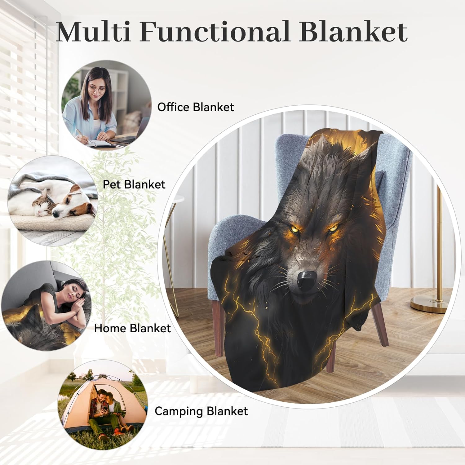 Huke Wolf Gifts Blanket, Black Gold Fire Lightning Wolf Throw Blankets,Wolf Gifts for Men Women Kids, Unique Wolf Gifts for Wolf Lovers, Wolf Gifts for Boys Girls, Cool Wolf Decor,50"X40" - Image 6