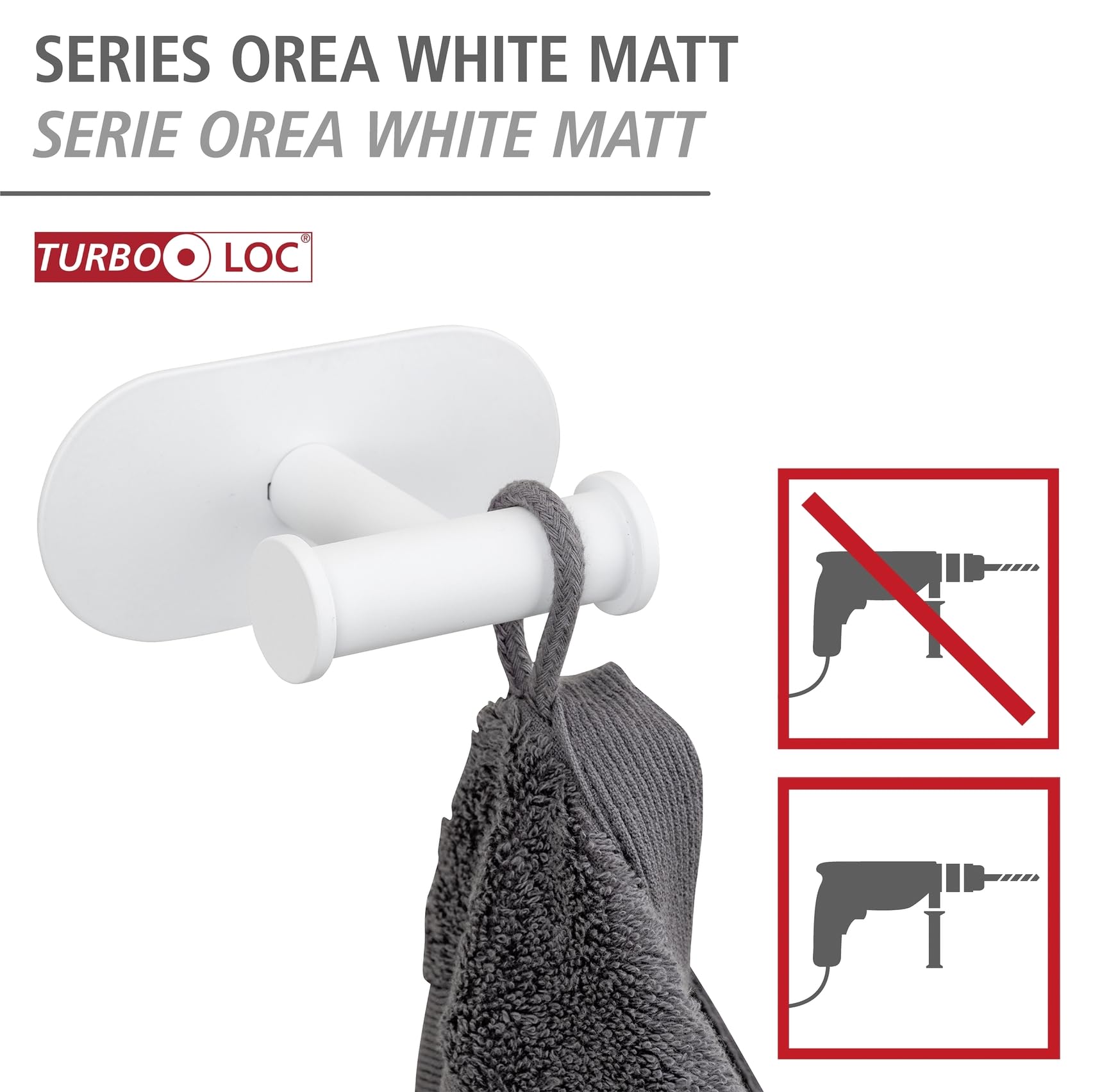 WENKO Turbo-Loc® Duo Orea biały matowy hak łazienkowy z podwójnym wieszakiem na ręczniki, stal nierdzewna, 10 x 4,5 x 6,5 cm, biały