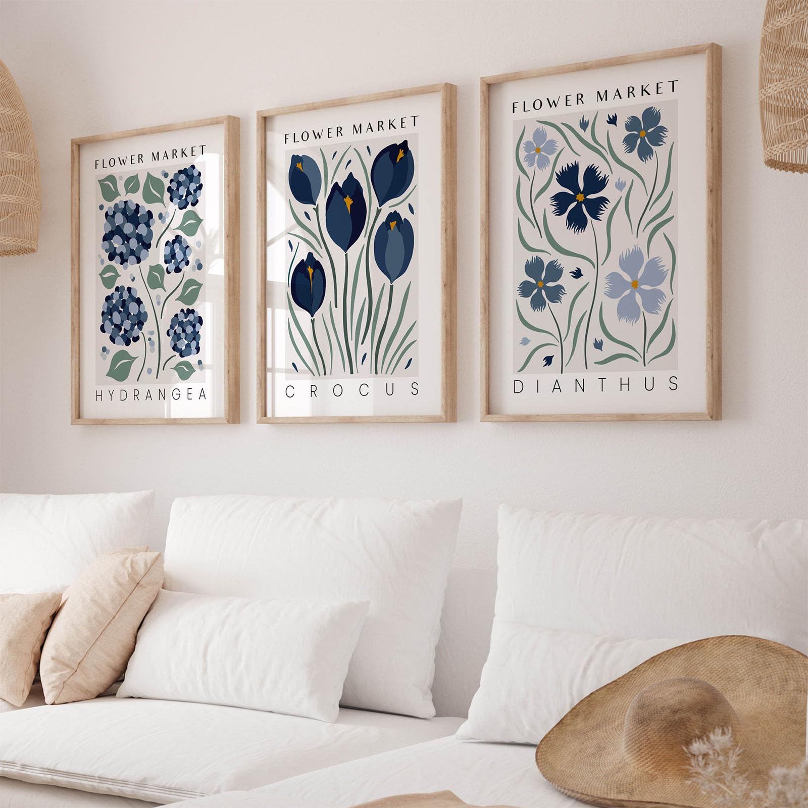 Set of 3 Boho Blue Flowers Canvas Paintings, Modern Abstract Art Wall Pictures, Vintage Pictures Decoration for Living Room or Bedroom - Frameless (50 x 70 cm)