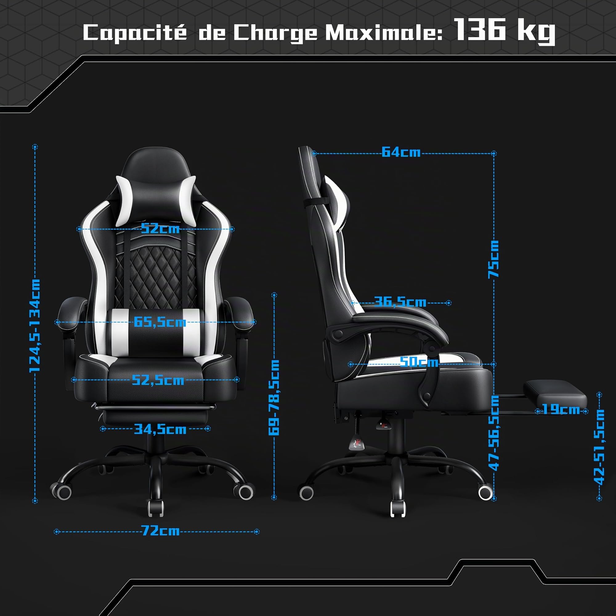 Abician Fauteuil Gaming Pivotant Ergonomique, Chaise d'ordinateur Inclinable avec Coussin Lombaire, Massant Têtière Amovible Repose-Pieds Coulissant, Assise Réglable en Hauteur, Noir/Blanc