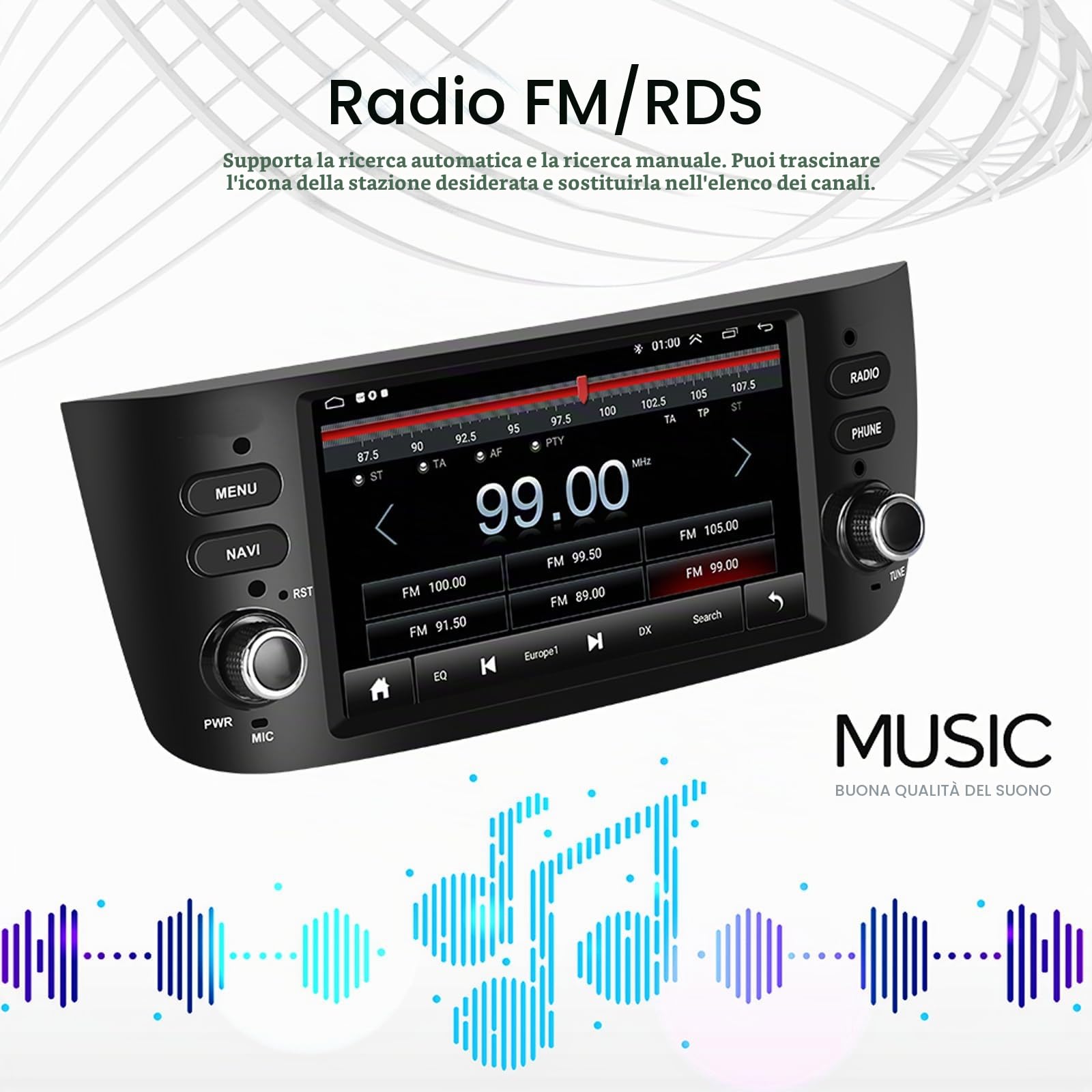 7 Pollici Double DIN Carplay Android Auto Car Stereo Radio Compatibile con Fiat Punto Supporto Bluetooth/Mirror Link/Navigazione GPS/SWC
