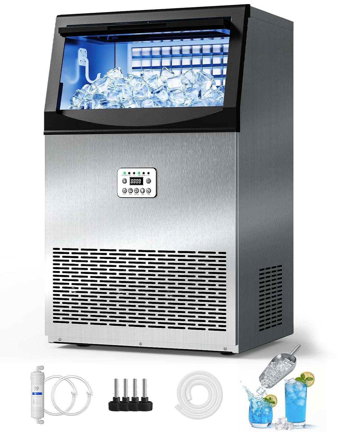 Tehanld Commercial Ice Maker Machine, 110LBS/24H with 33LBS Large Storage Capacity, 50 Ice Cubes/15 Mins, Ice Machine with Self-Cleaning & Water Filter, Under Counter & Freestanding for Home, Bar