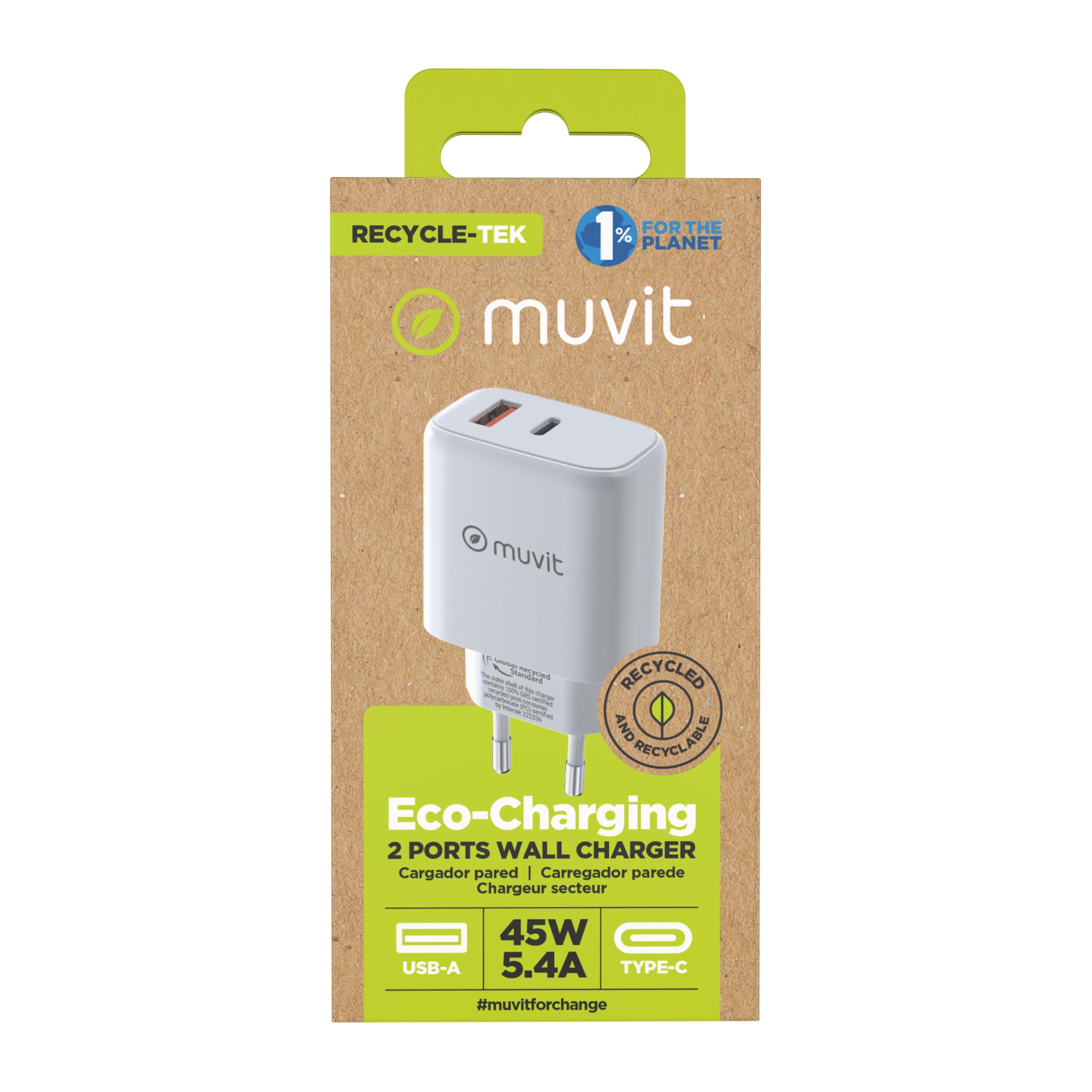 muvit for Change Cargador de Pared 1 USB 12W+1 Tipo C PD 45W Blanco