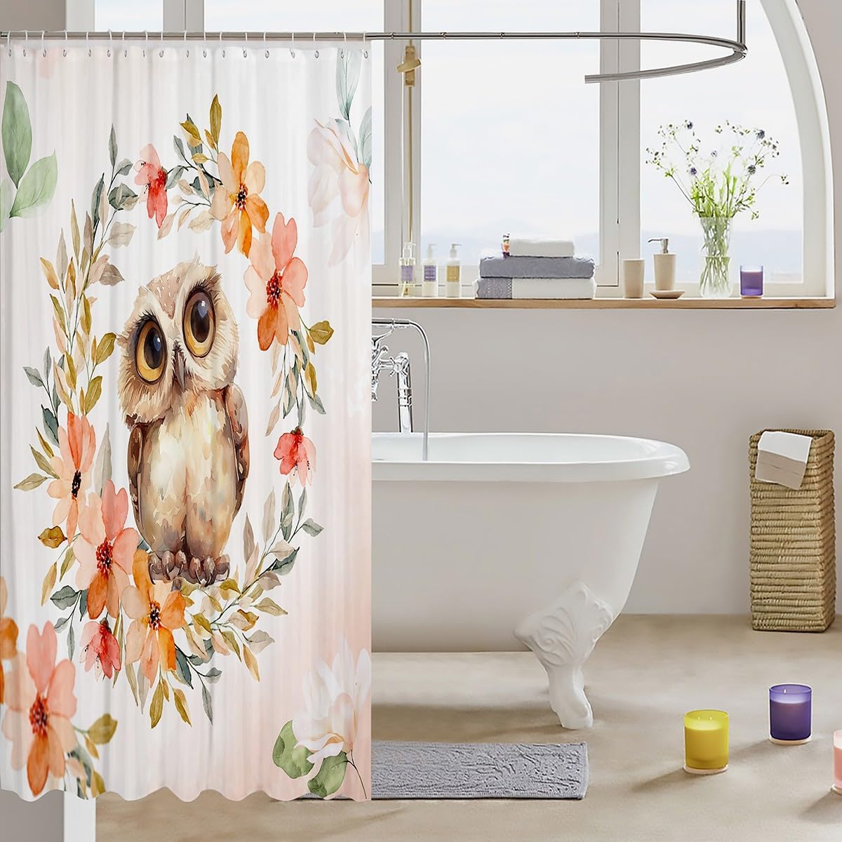 Manfei Cartoon Owl Shower Curtains Watercolor Flower Bathroom Curtains for Kids Boys Girls Room Decor, Floral Animal Theme Waterproof Bath Curtains with 12 Hooks Suits for Bathtub, 72" W x 78" L