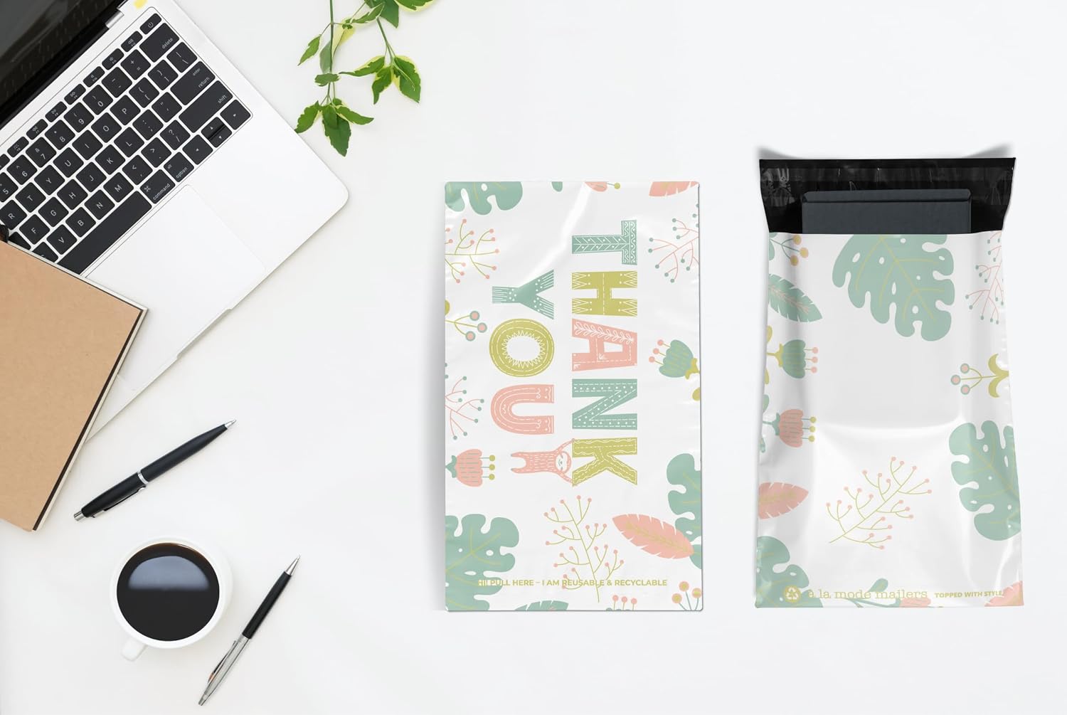 Poly Mailers 10x13 100 Pack | Self-Sealing Shipping Bags Envelopes for Small Business | Waterproof Durable Packaging | Thank You | Sloth Floral Pink Animal | à la mode Mailers