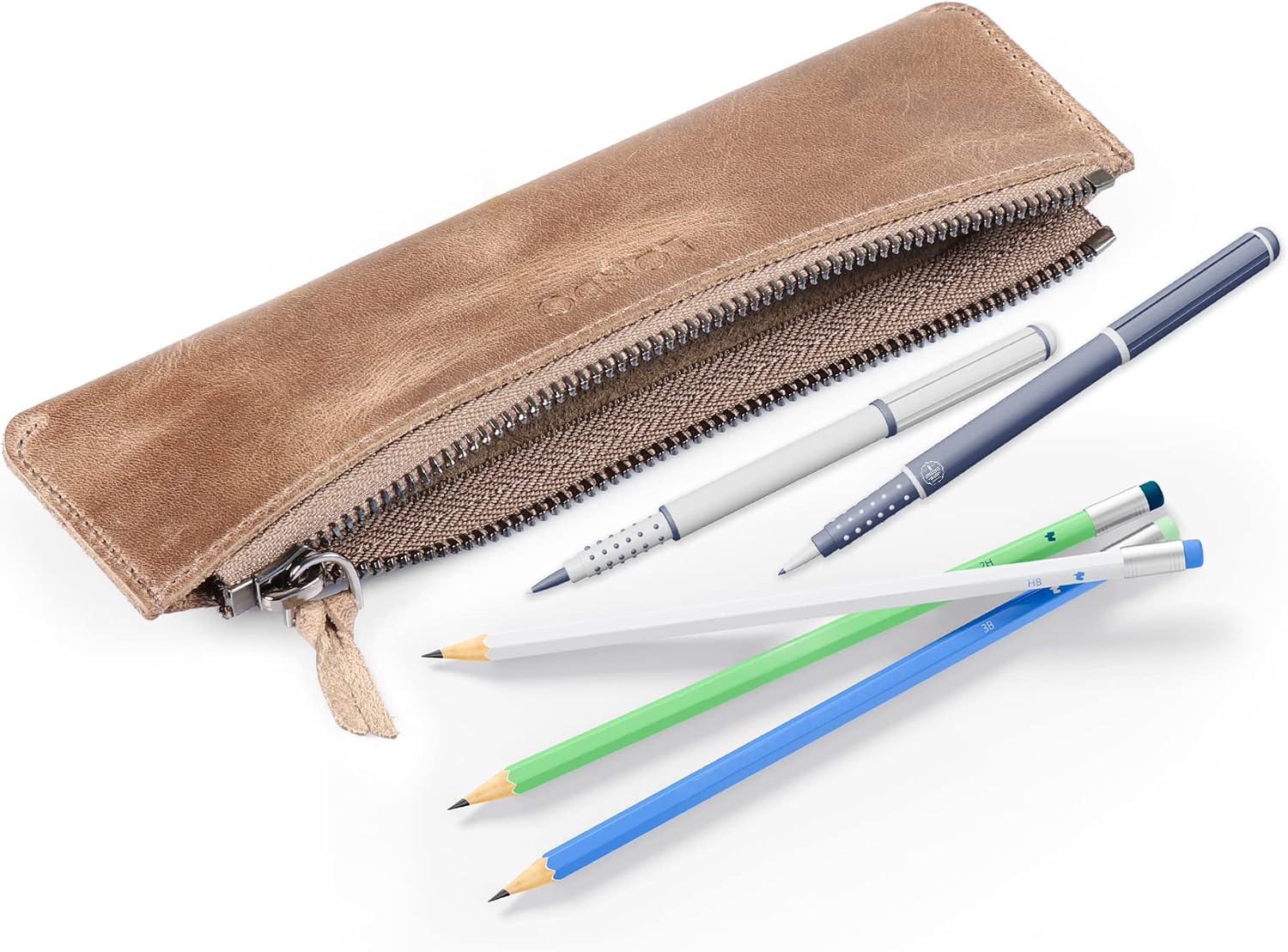 Londo Genuine Leather Pen Case with Zipper Closure, Pencil Pouch Stationery Bag