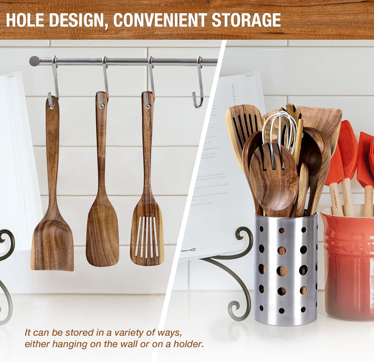 Premium Teak Wood Kitchen Utensil Set - 11-Piece Heat-Resistant Cooking Tools with Storage Holder, Non-Stick Wooden Spoons, Ladle, Turner, and More