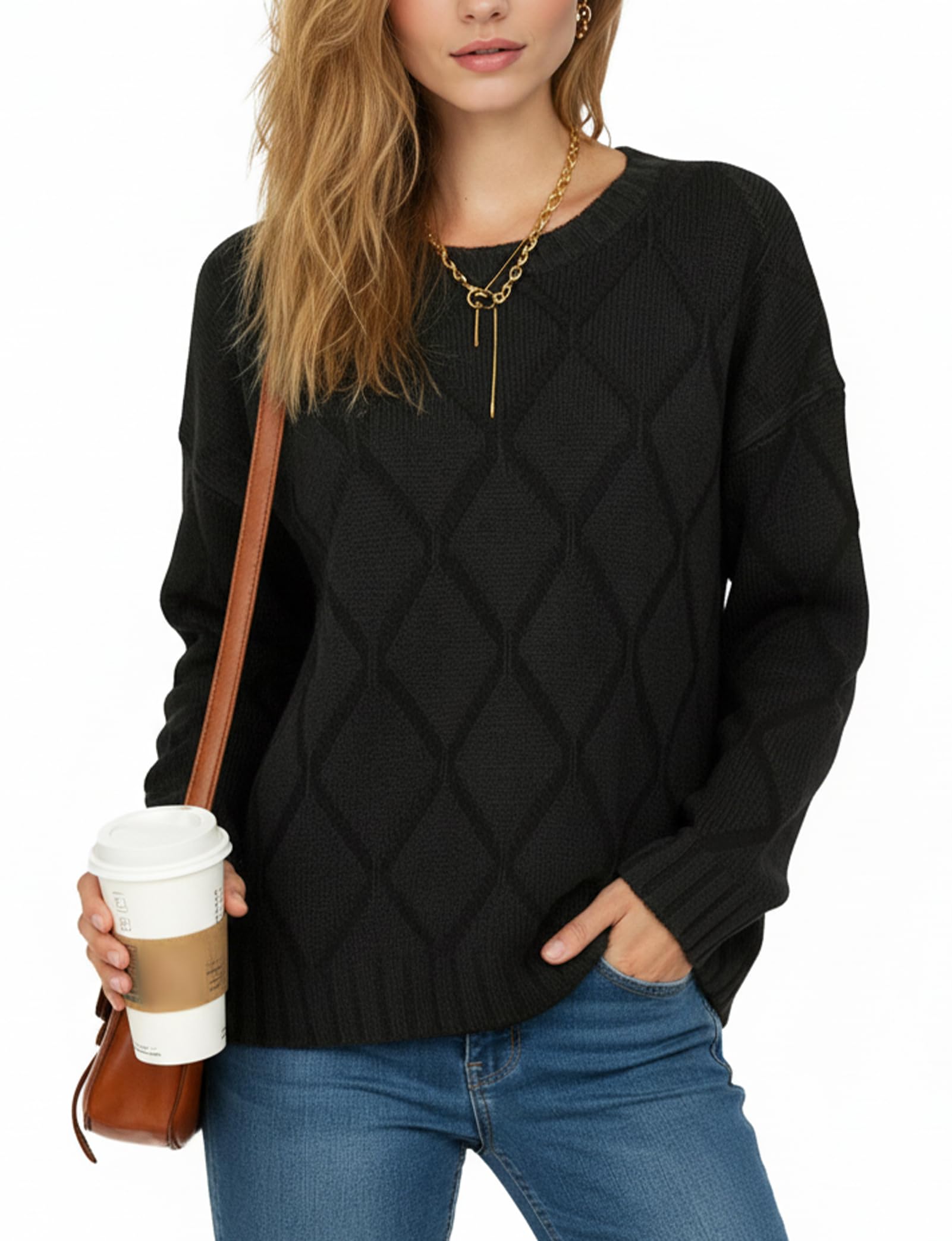 Womens Fall and Winter Long Sleeve Crewneck Sweater Soft Knit with Diamond Pattern Relaxed Fit Pullover Top