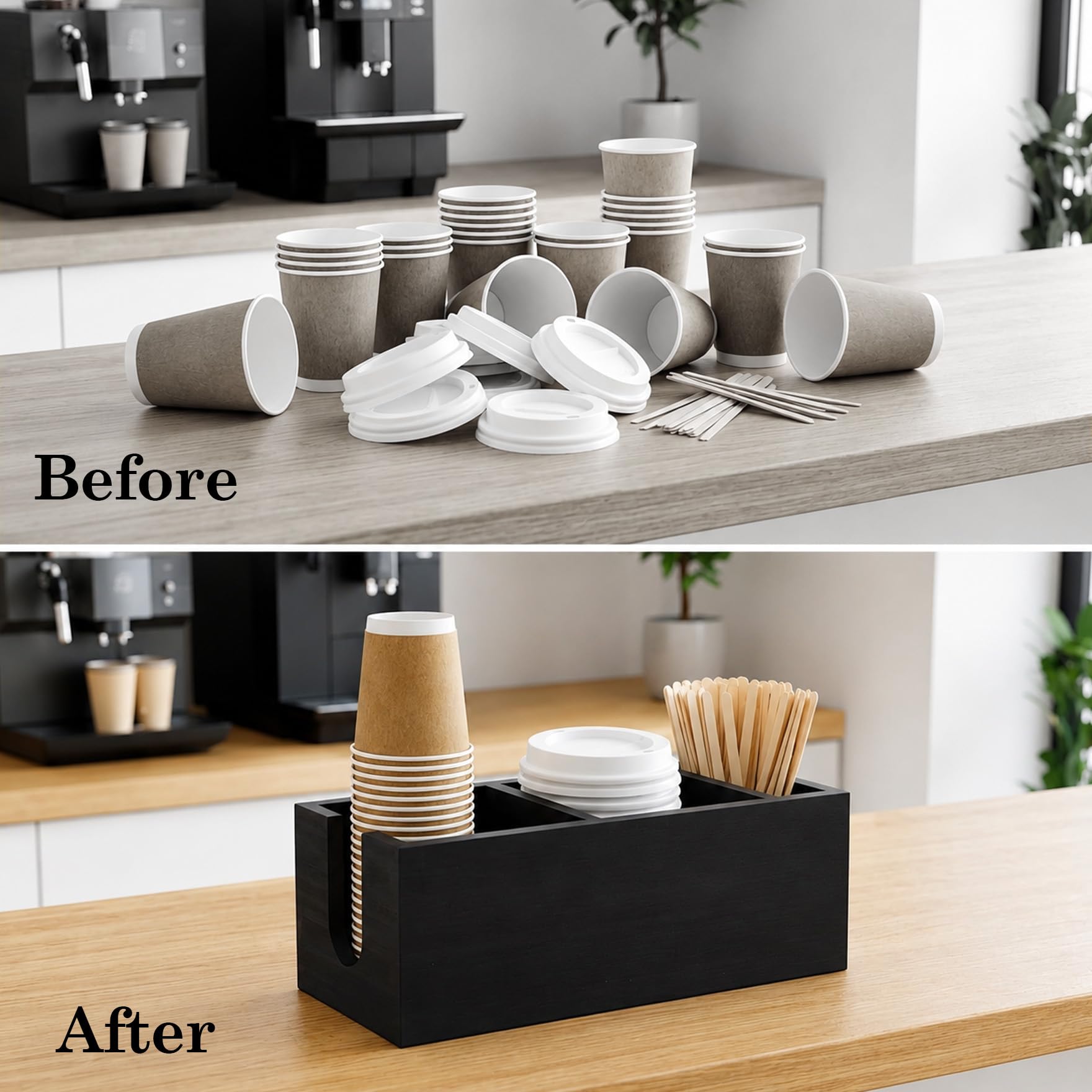 Klmnop Soporte para tazas de café para encimera, soporte desechable de madera para tazas de café, organizador de estación de café para tapa de taza, agitadores y cápsulas (negro)