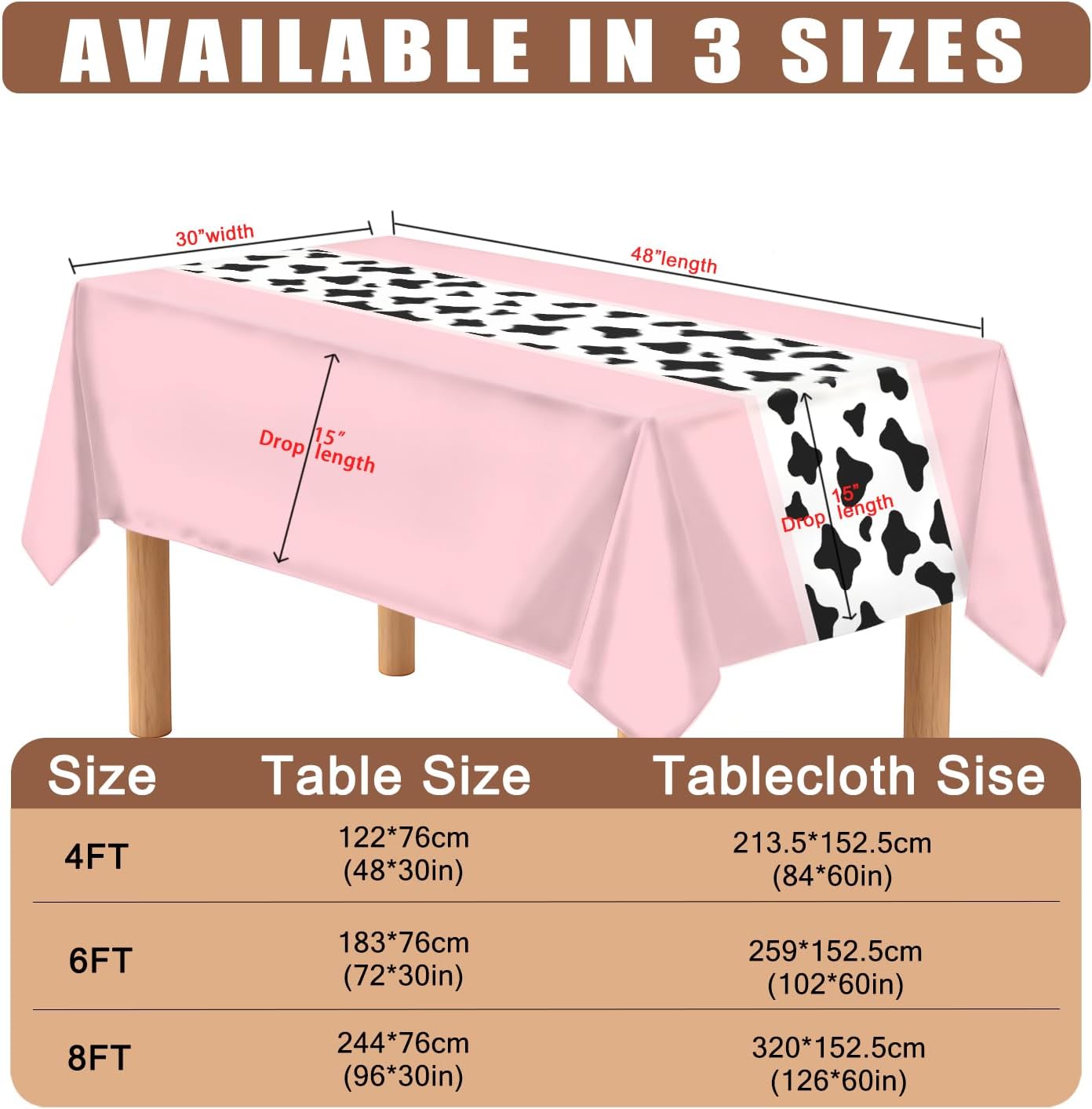 Reusable & Waterproof Rectangular Tablecloths for Kitchens, Parties, Birthdays, Patios, and Outdoor Events Decorations Pink Cow-Patterned Table Cloth,4FT/84 x 60 Inch