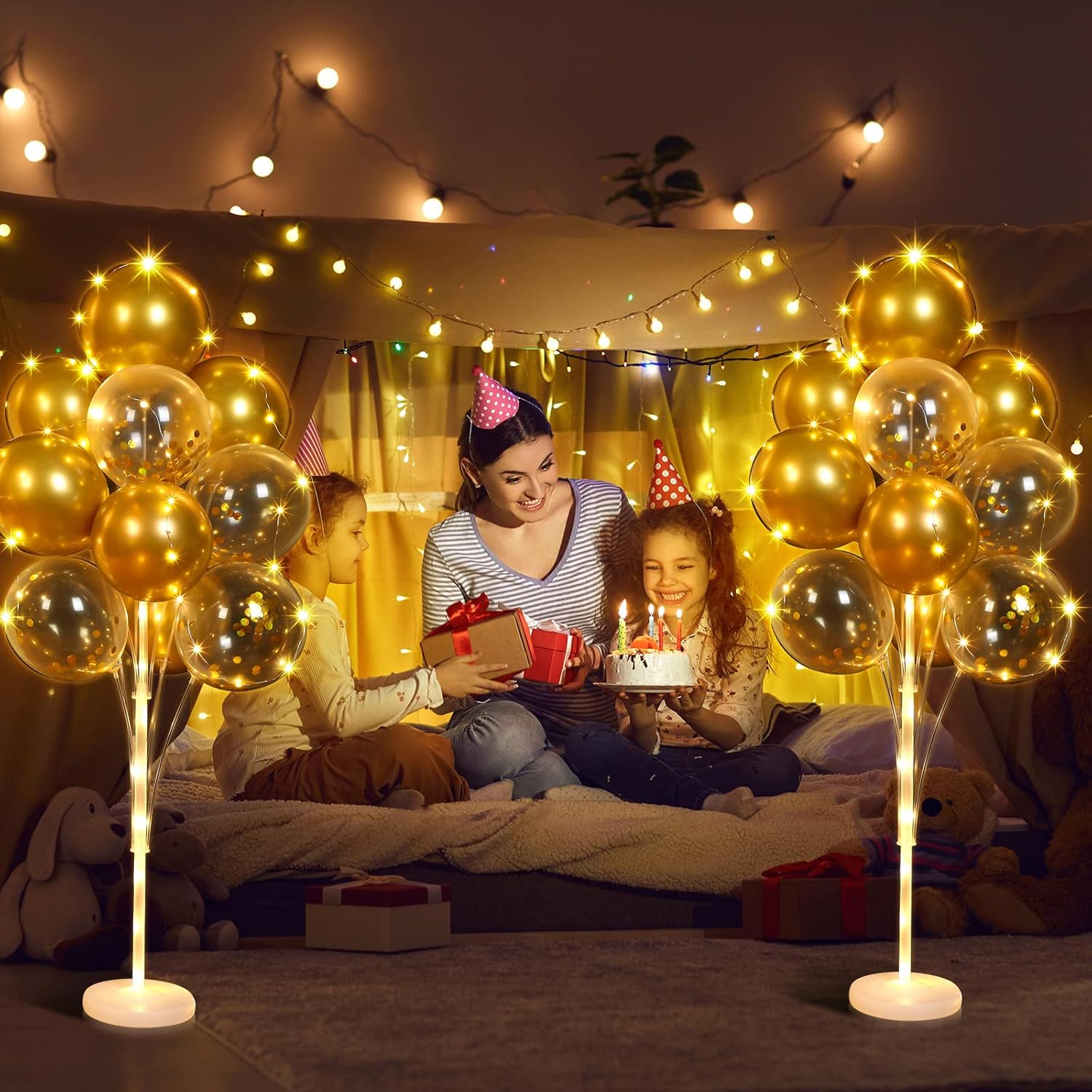 HyDren 2 Sets Balloon Column Stands and 40 Golden Balloons for Floor with LED String Lights Centerpieces Tower for Baby Shower Birthday Wedding Party