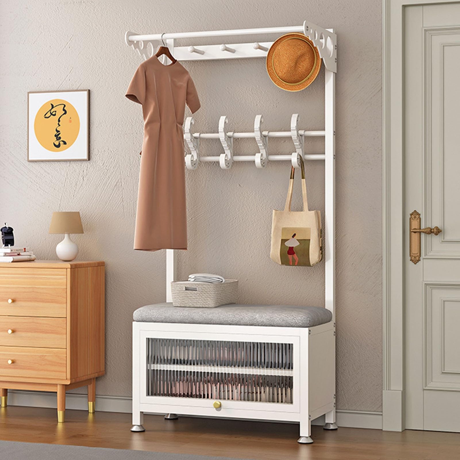 GDMDPTE 3-in-1 Coat Rack with Shoe Bench Freestanding Hall Tree with Storage Metal Garment Rack and Entryway nizer White 80cm/31.4in Perfect for Hallway and Entryway