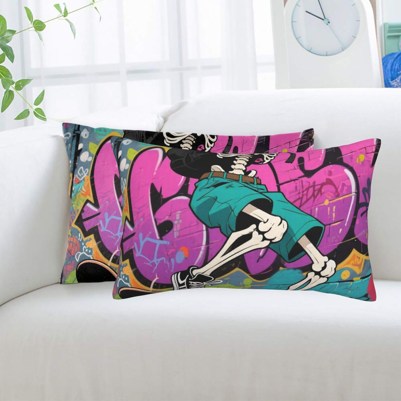 2 Pack Standard Pillowcases Sets, Ultra Soft Comfort Microfiber Plush Pillow Cases Skateboard Skeleton Skull Decorative Throw Pillow Cover with Hidden Zipper for Bedroom, Sofa, Couch,16"X24"