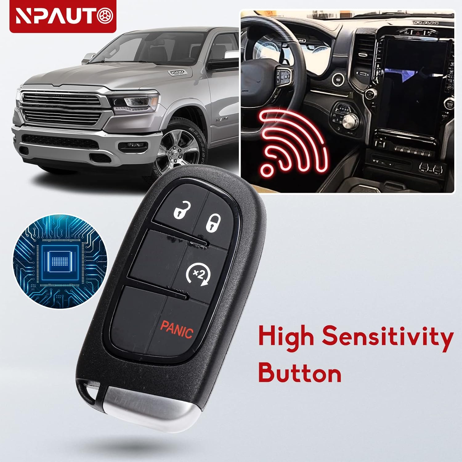 NPAUTO Key Fob Replacement for 2013 2014 2015 2016 2017 2018 Dodge Ram 1500 2500 3500 Laramie Outdoorsman SLT SXT Pickup Truck, Car Keyless Entry Remote Control Start Proximity Smart Key GQ4-54T