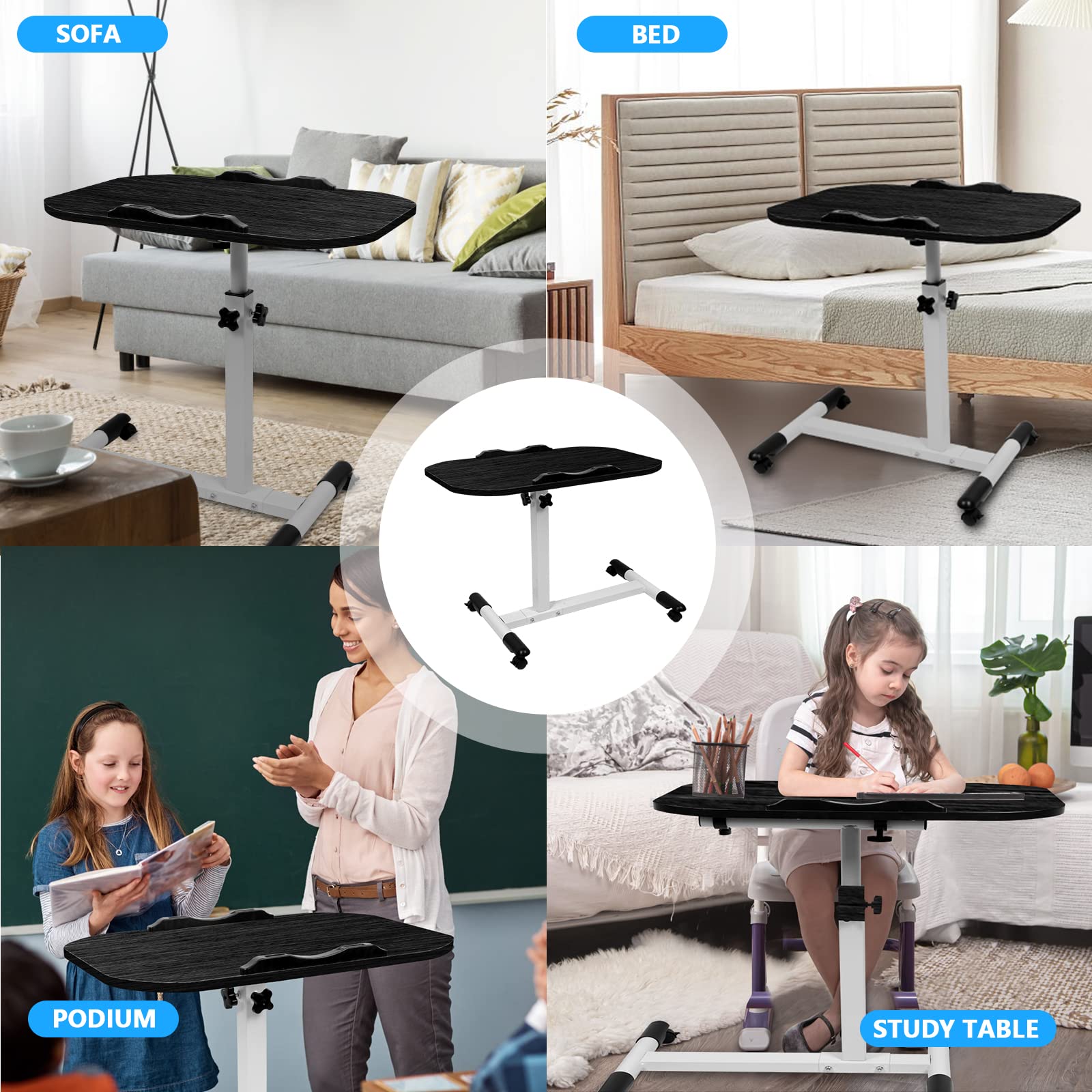 Table de Lit Roulette, 60 x 40 cm, Tablette Médicale Réglable Table d'Appoint de Lit à roulettes, Hauteur Réglable 61-95CM, Bureau Pliable, 360° Bureau D'ordinateur Levage Rotatif