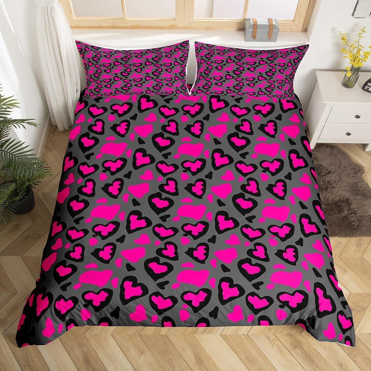 Homemissing Hot Pink Leopard Duvet Cover Set Super King Size Cheetah Bedding Set for Kids Women Men Love Heart Duvet Cover with 2 Pillowcases,Zipper Closure โ image 1