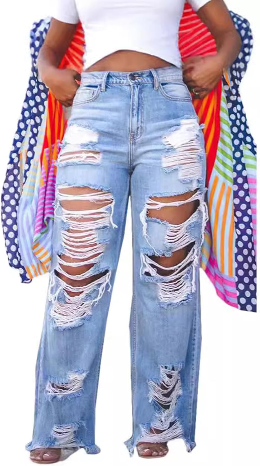 HuiSiFang Women's Ripped Jeans High Waisted Straight Wide Leg Cut Out Destroyed Frayed Tassel Jeans Distressed Baggy Jeans